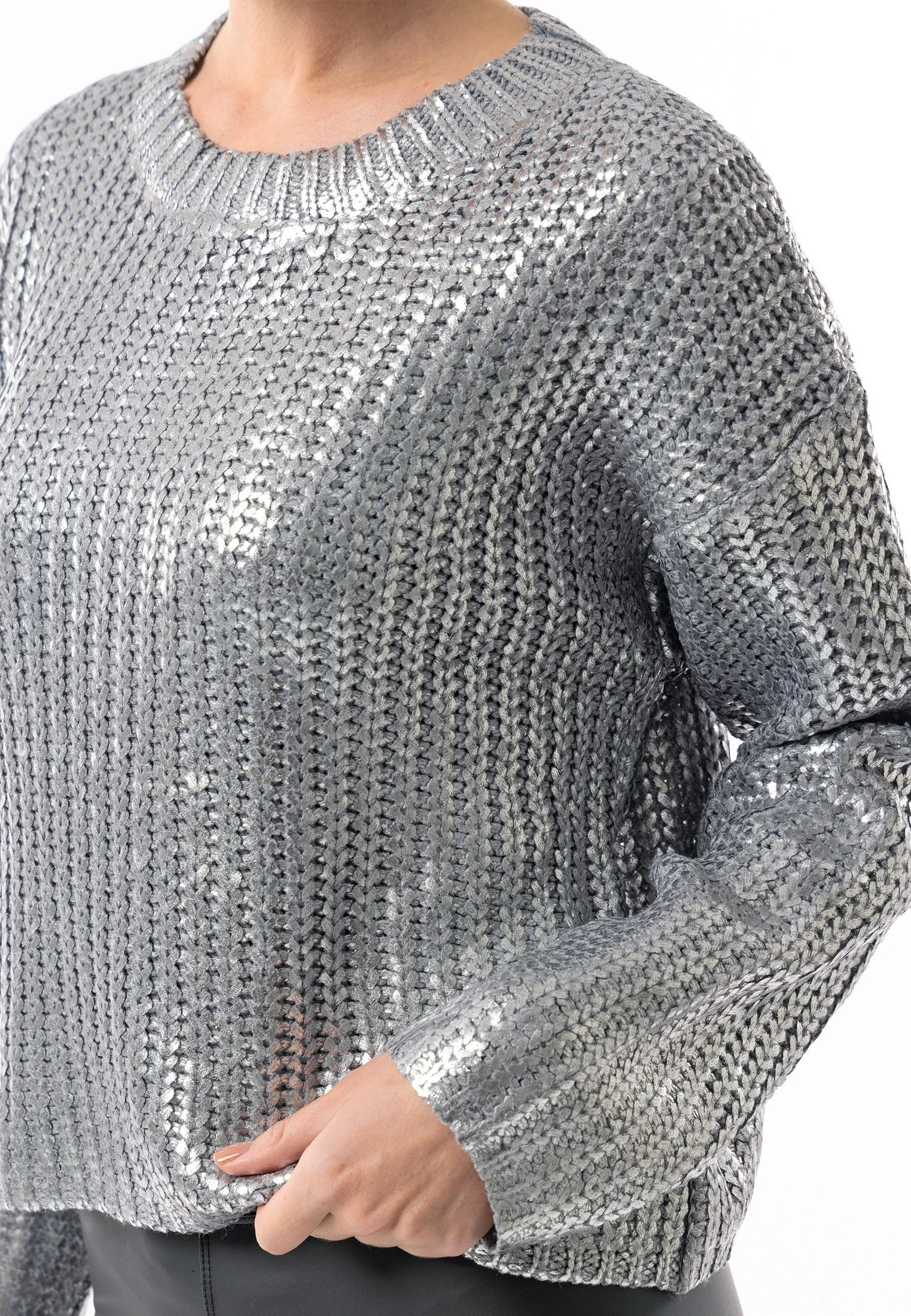 Angeleye Metallic Crew Neck Cable Knit Jumper In Silver