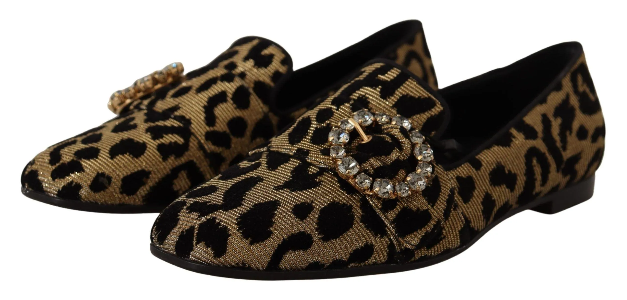 Dolce & Gabbana Gold Leopard Print Crystals Loafers Shoes