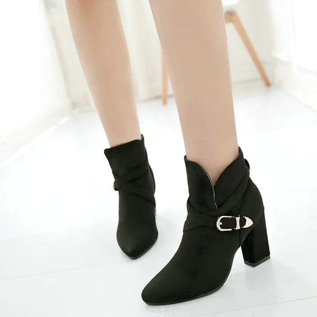 Faux Suede Thick High Heel Slip On Ankle Boots