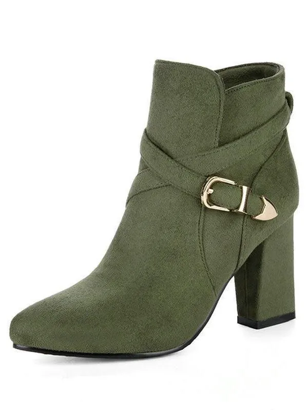 Faux Suede Thick High Heel Slip On Ankle Boots