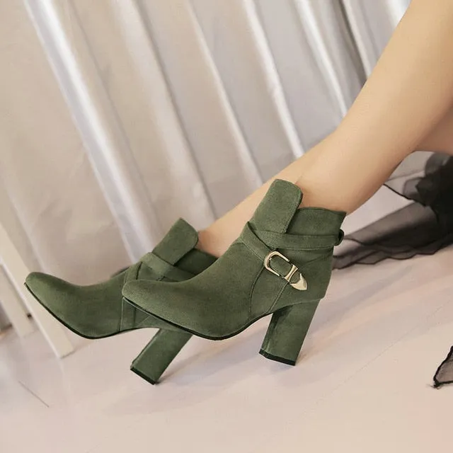 Faux Suede Thick High Heel Slip On Ankle Boots