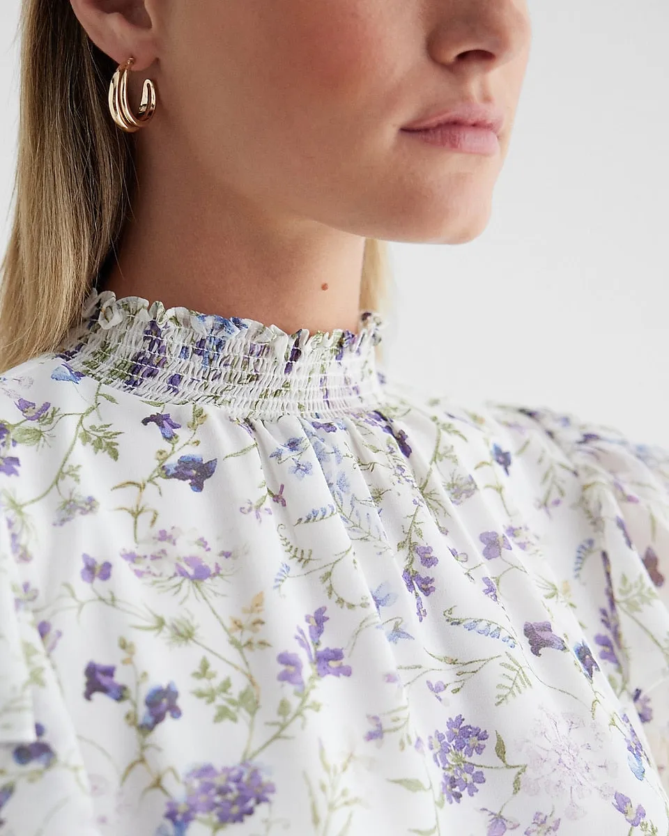 Floral Mock Neck Flutter Sleeve Gramercy Tee in Purple Print