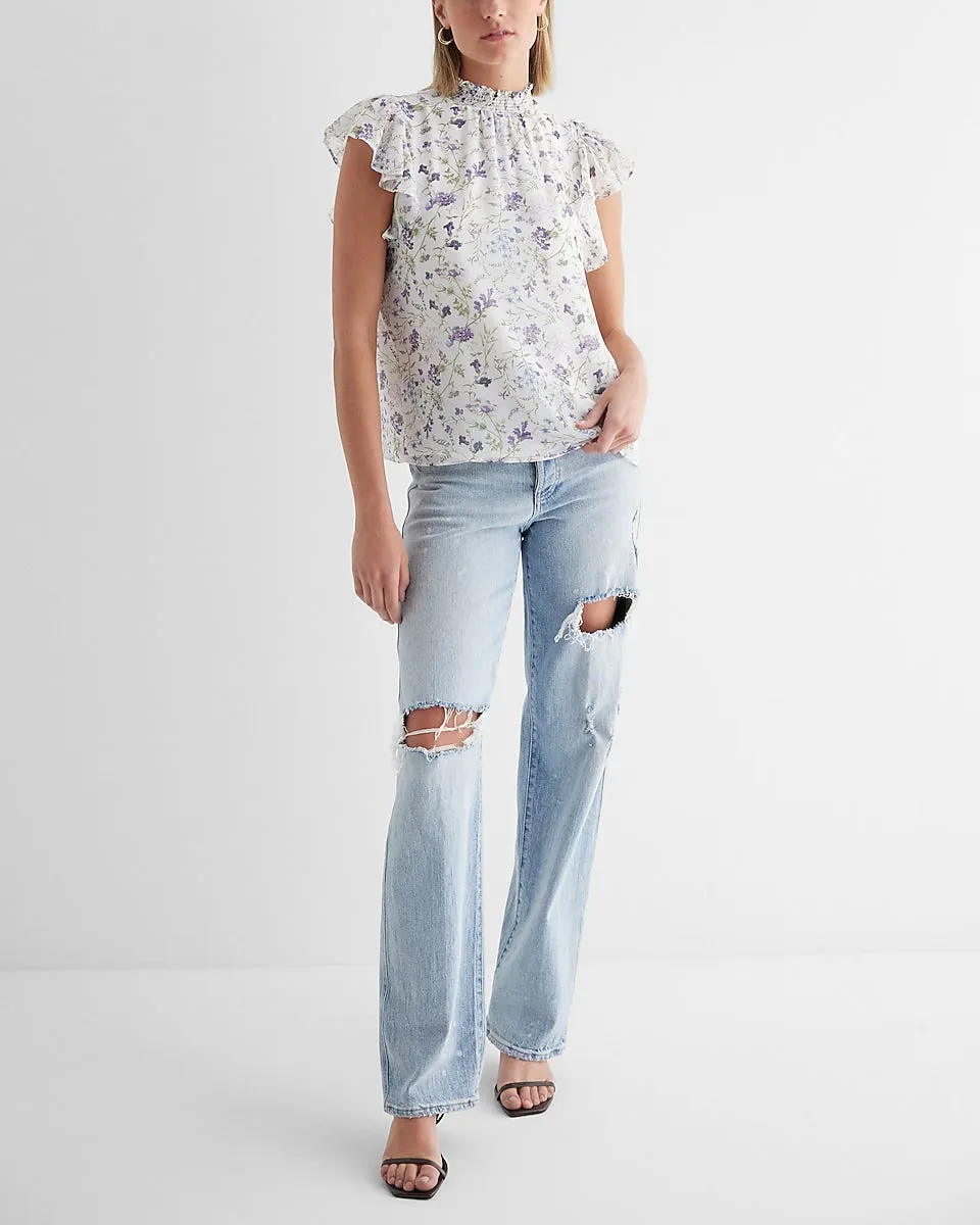 Floral Mock Neck Flutter Sleeve Gramercy Tee in Purple Print