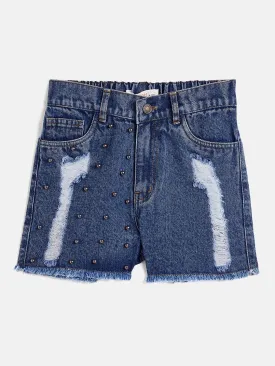 Girls Blue Raw Hem One Side Pearl Denim Shorts - Lyush Kids