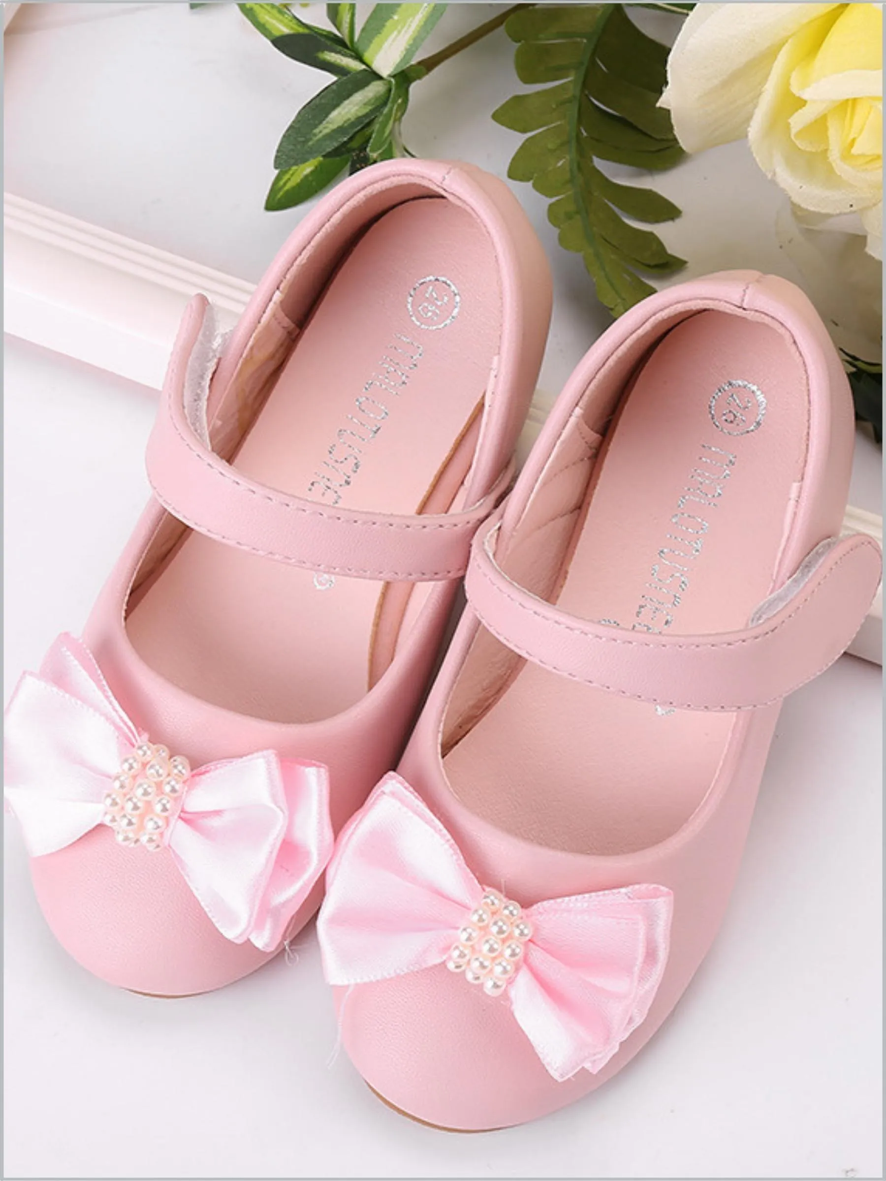 Girls Pearl Embellished Bow Tie Mary Jane Flats By Liv and Mia