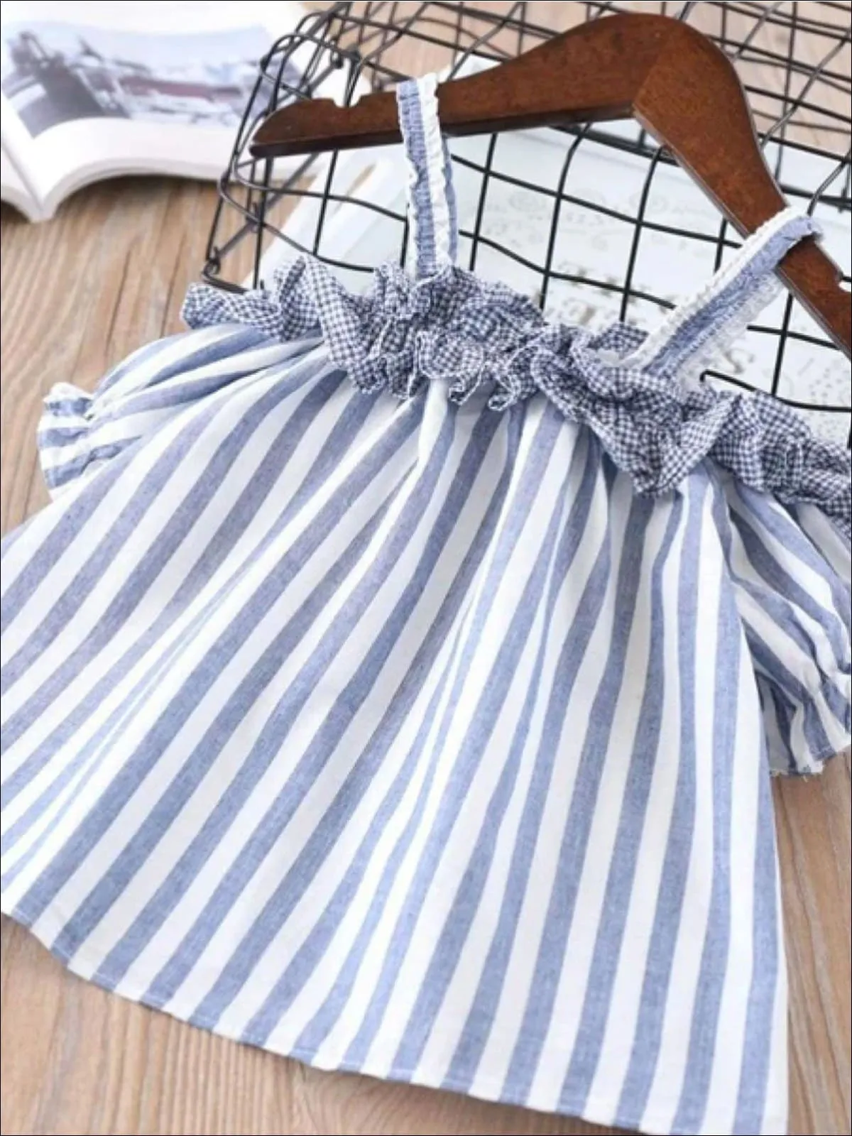 Girls Summer Striped Off Shoulder Tunic And Star Denim Short Set