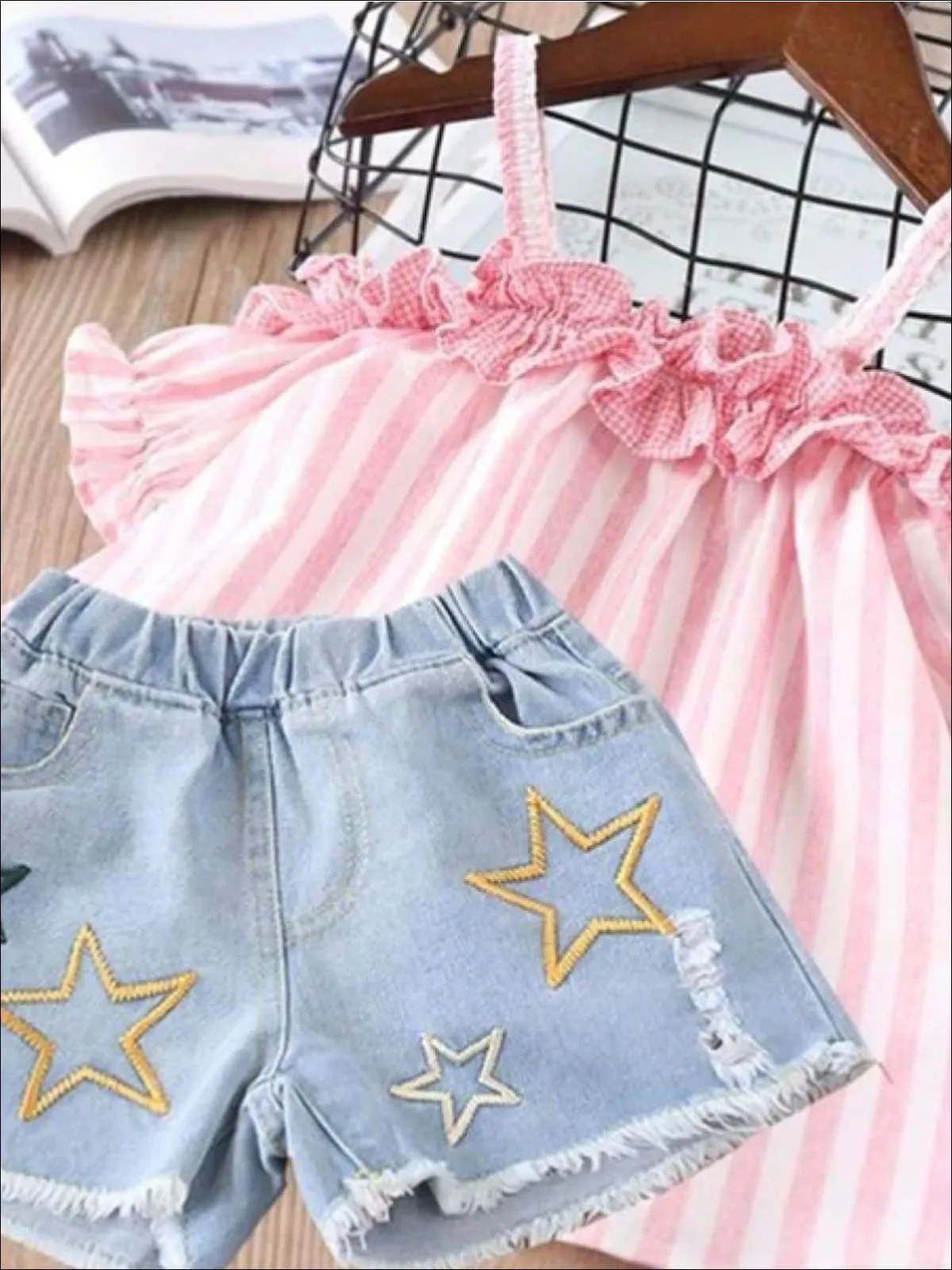 Girls Summer Striped Off Shoulder Tunic And Star Denim Short Set