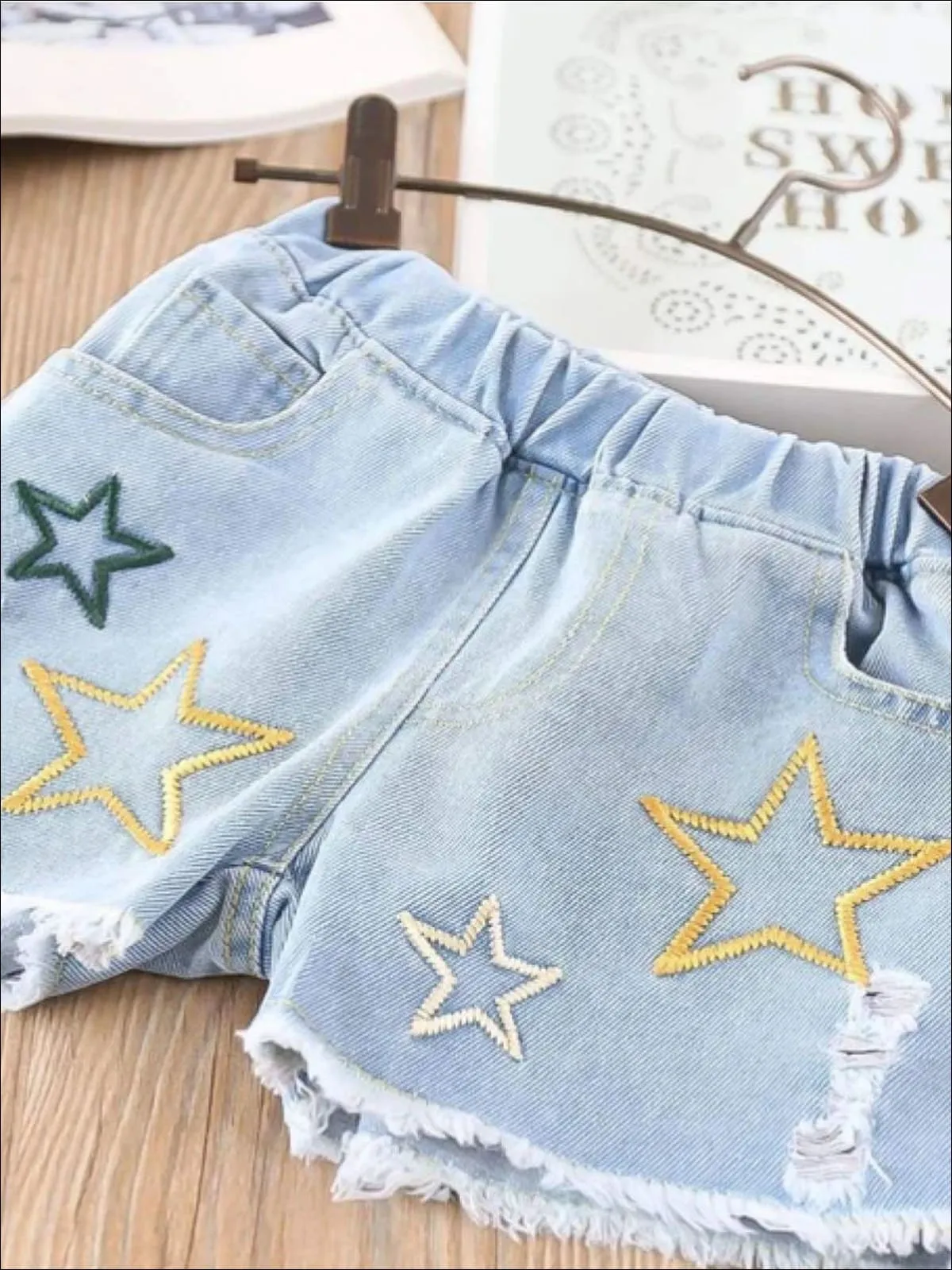 Girls Summer Striped Off Shoulder Tunic And Star Denim Short Set