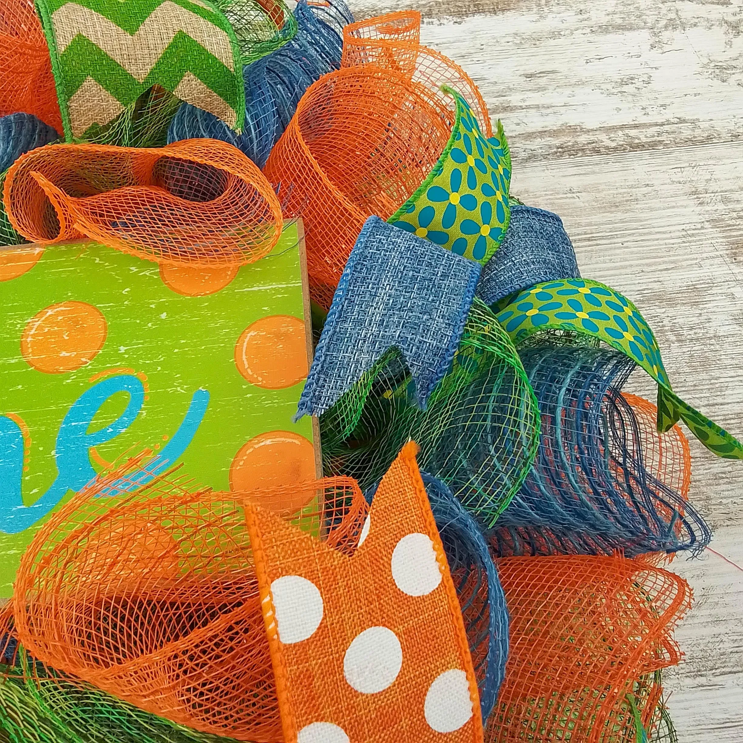 Green Summer Spring Welcome Deco Mesh Wreath | Orange Lime Green Denim Blue Jean Blue