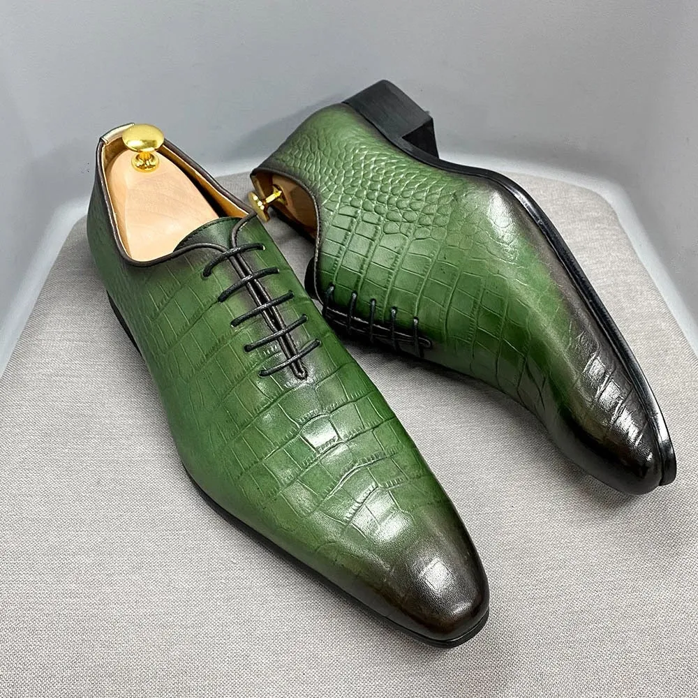 Handmade Men's Oxford Shoes Genuine Cow Leather Crocodile Pattern Classic Business Banquet Daily Shoes Lace-Up Formal Shoes E012