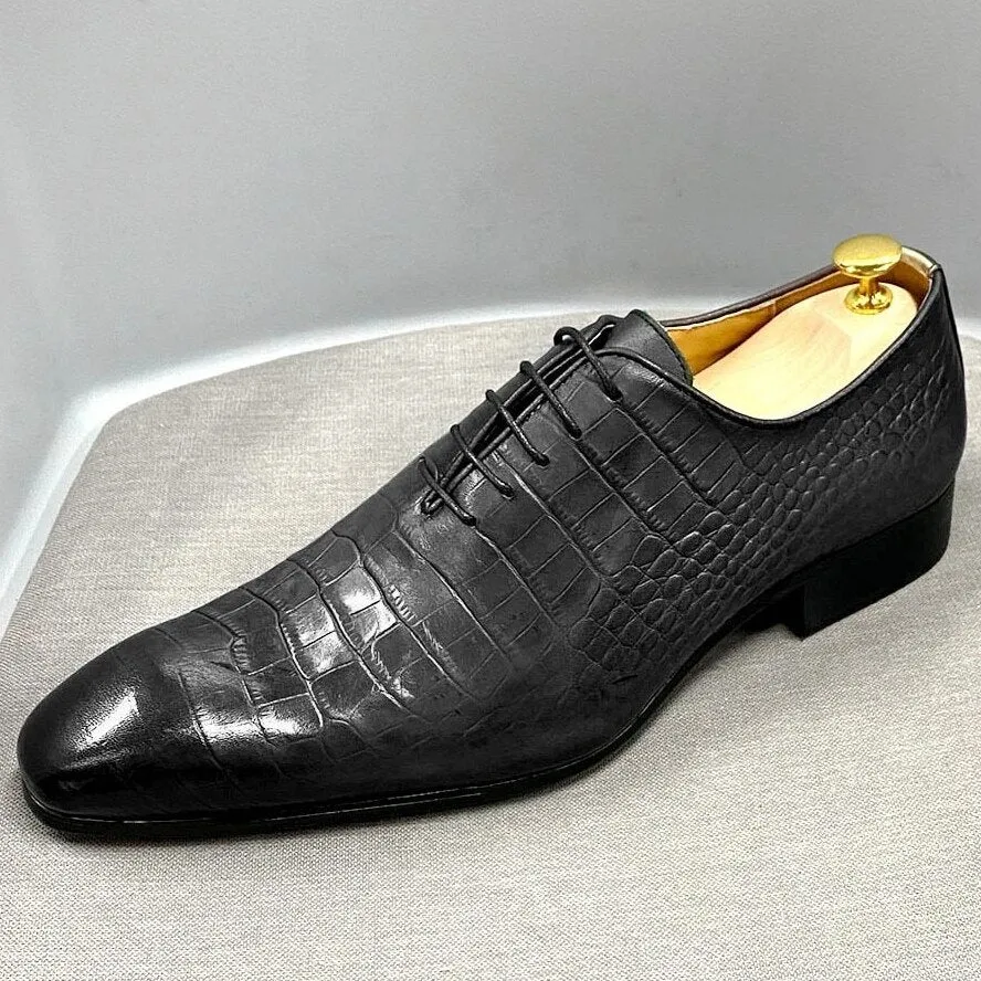 Handmade Men's Oxford Shoes Genuine Cow Leather Crocodile Pattern Classic Business Banquet Daily Shoes Lace-Up Formal Shoes E012