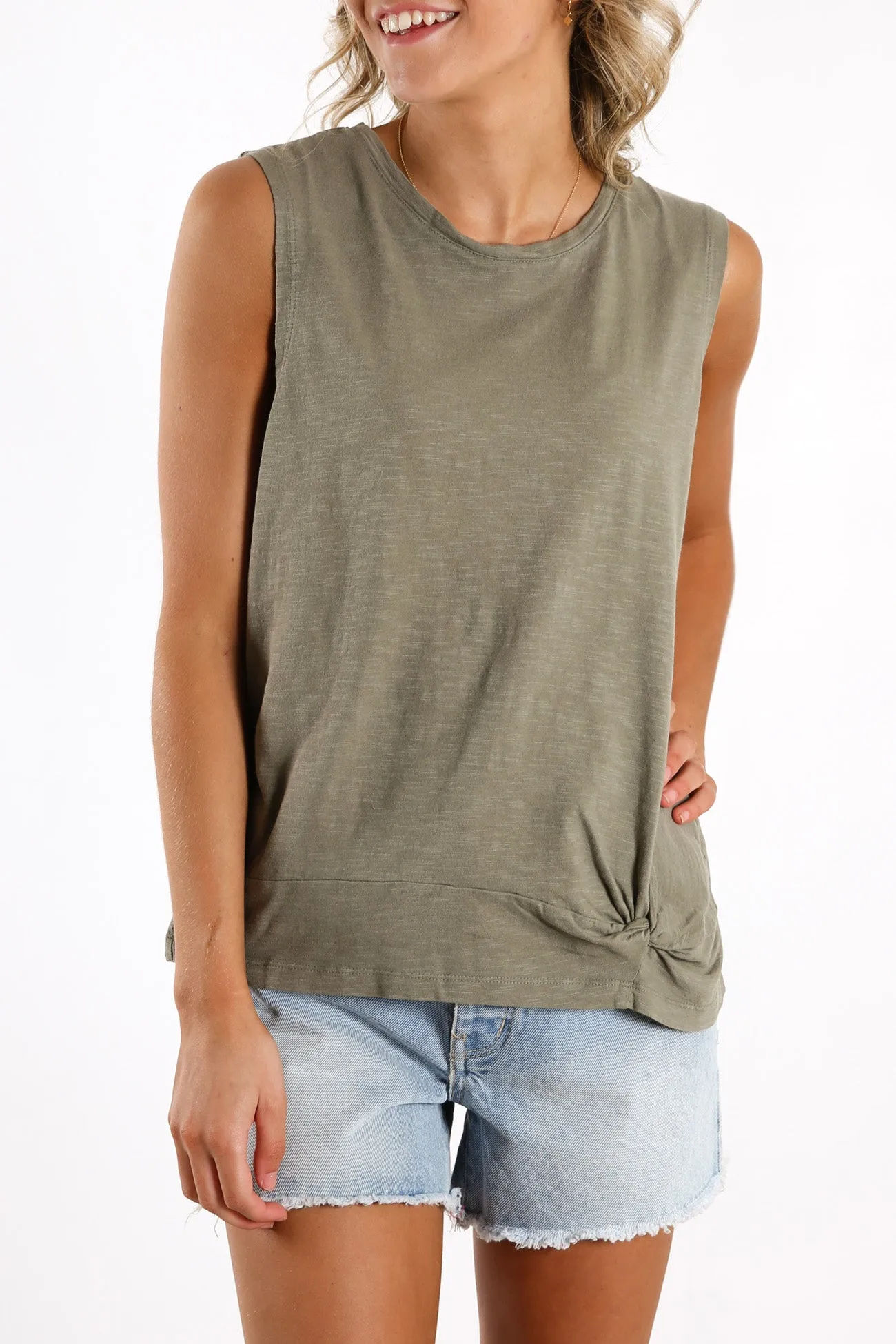 Knot Front Crop Tank Khaki