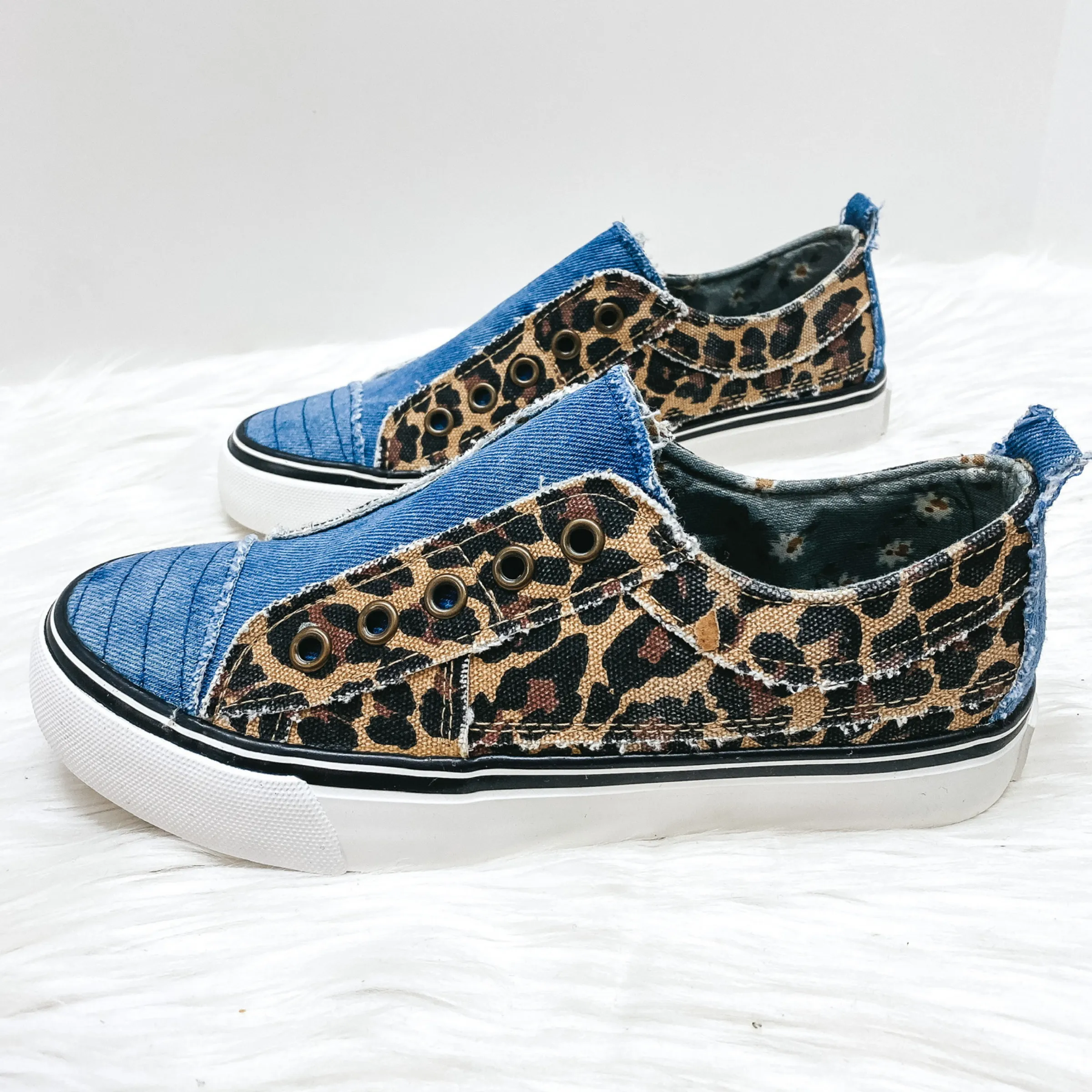 Last Chance Size 6 | Very G | Two Sides of the Story Two-Toned Slip On Sneakers in Leopard and Denim | ONLY 1 LEFT!