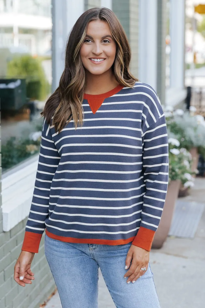 Navy Stripe Orange Contrast Sweater - FINAL SALE