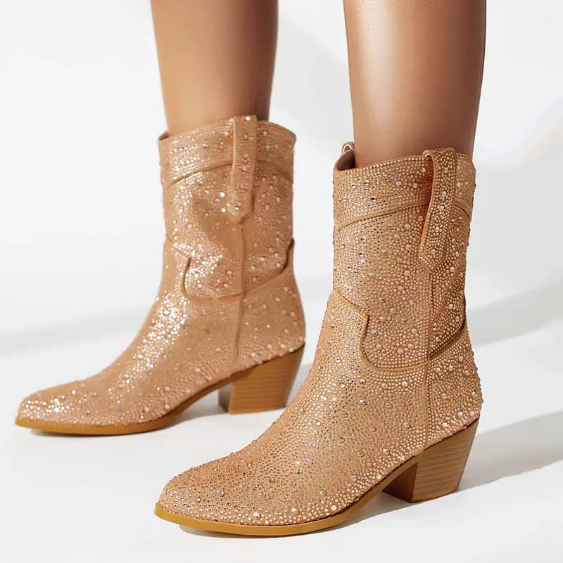 Sparkly Cowgirl Ankle Boots Rhinestone Cowboy Boots Glitter Mid Calf Block Heel Boots