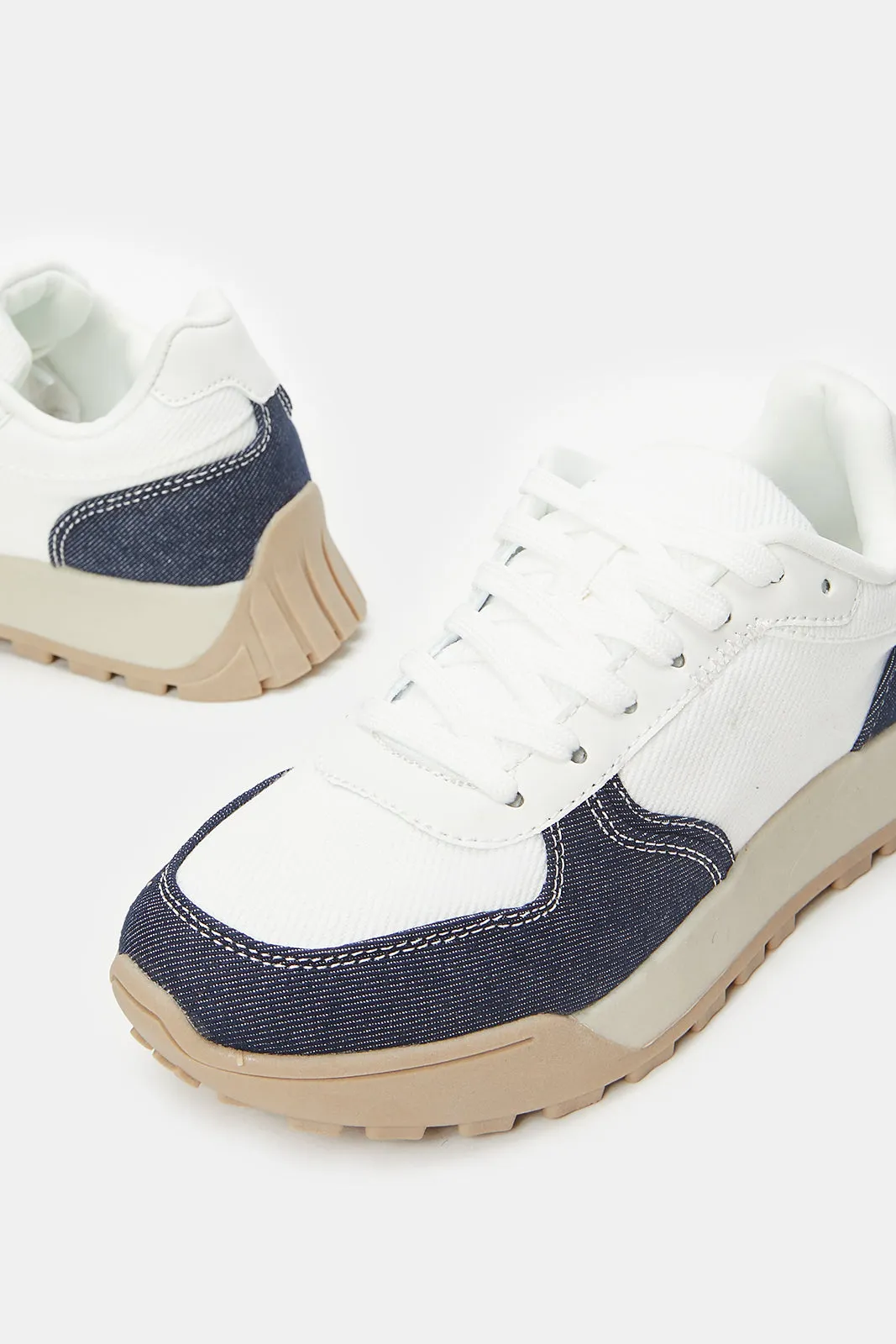 Women White Lace Up With Denim Overlay Sneakers